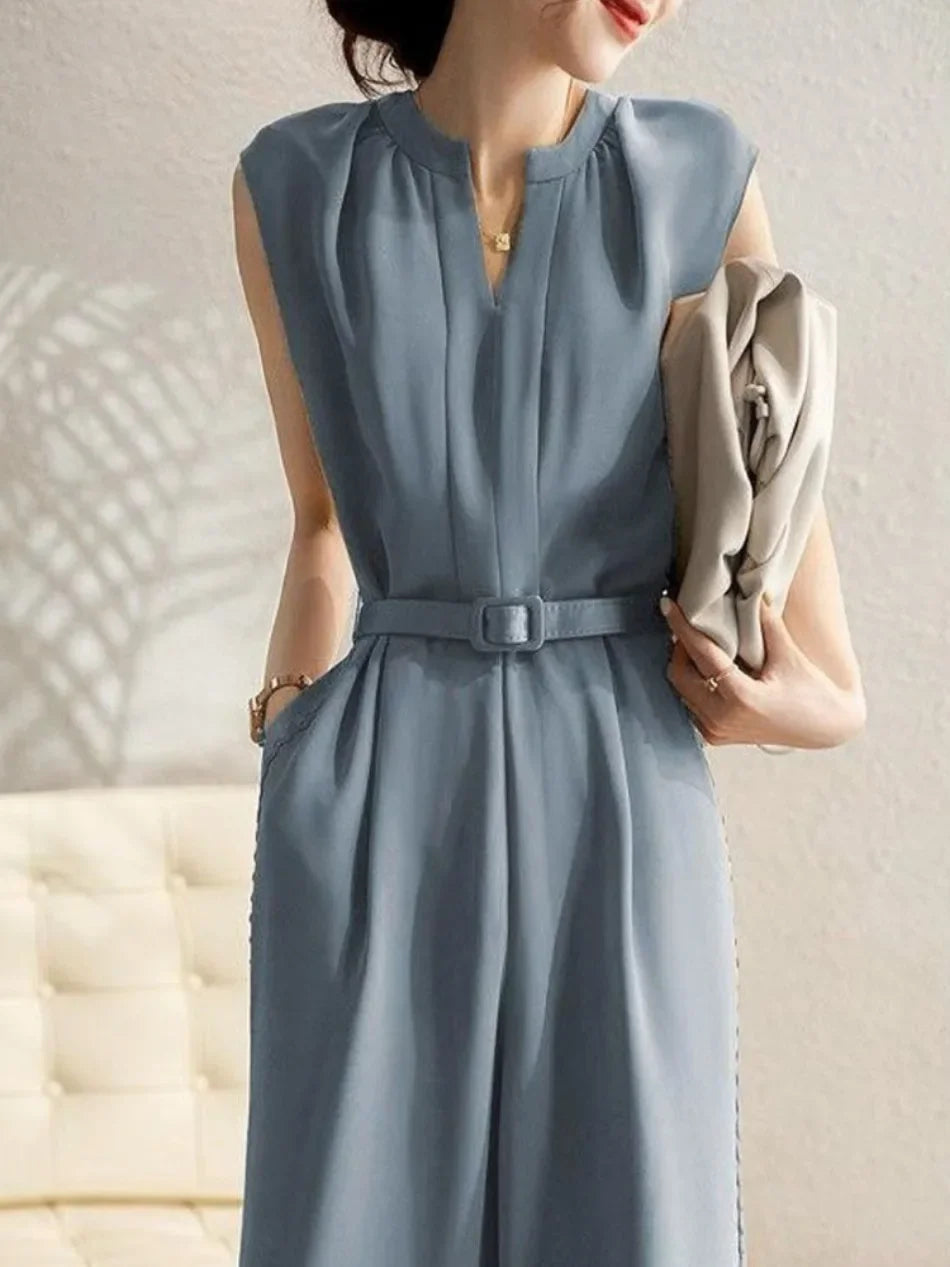 Fashion Casual Wide Leg Pants Rompers Women Bodysuit Sashes Slim Waist V-neck Jump Suit Korean Vintage Suit Summer Jumpsuit