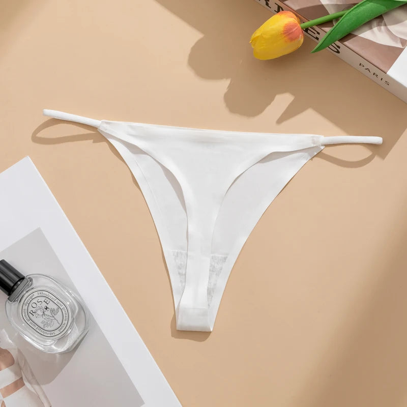 Women's Sexy Lightweight Ice Silk Seamless Knit Thong with Thin Straps - No Show Panty Underwear Lingerie Intimate Apparel