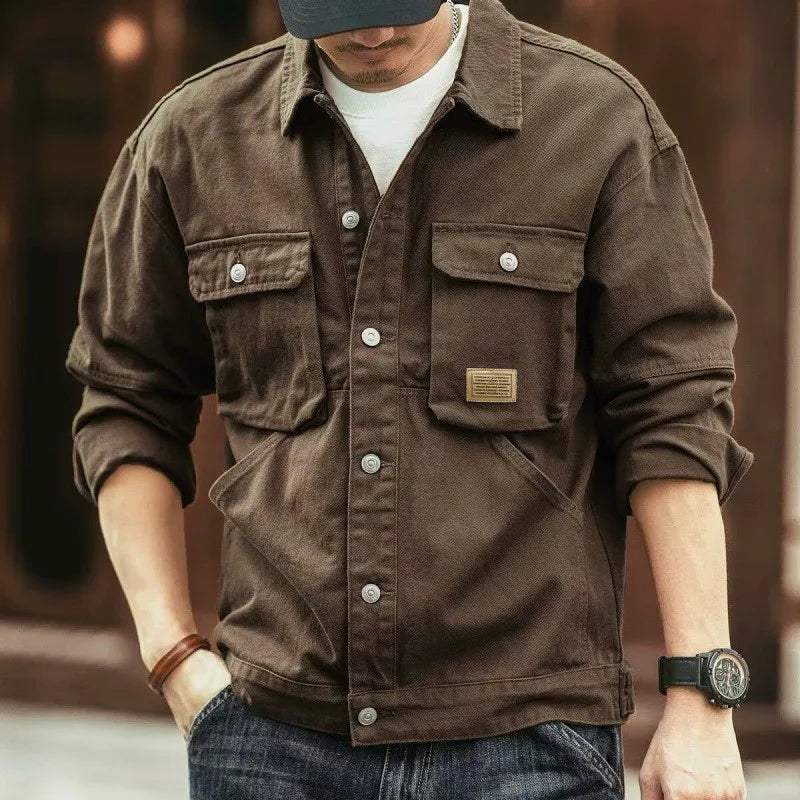 American Retro Denim Jacket Men's Autumn and Winter Trendy Brand Heavyweight Washed Lapel Jacket Trendy and Cool French Workwear