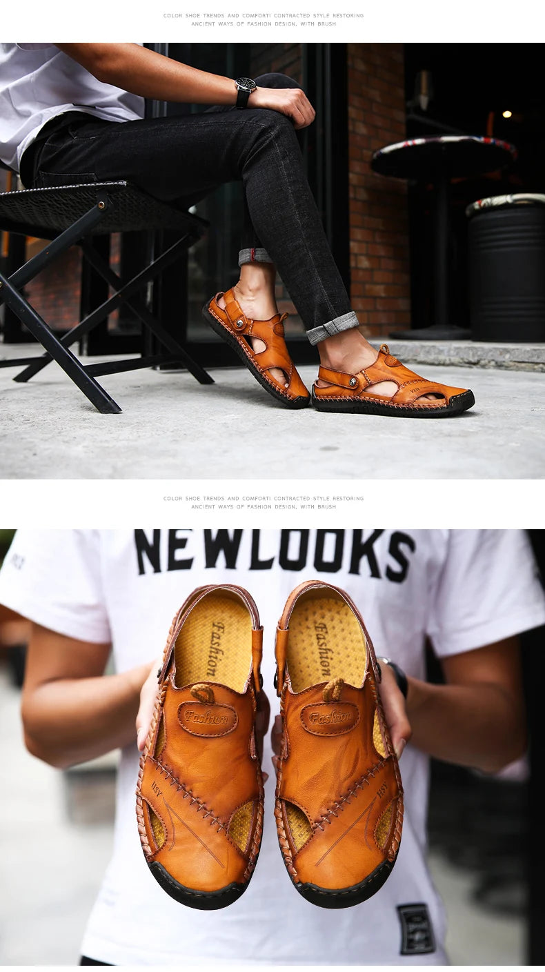 Sandals Man Summer 2023 Leather Slides Breathable Rome Male Outdoor Beach Platform Slippers Soft Hot Sale Men Flat Sandals