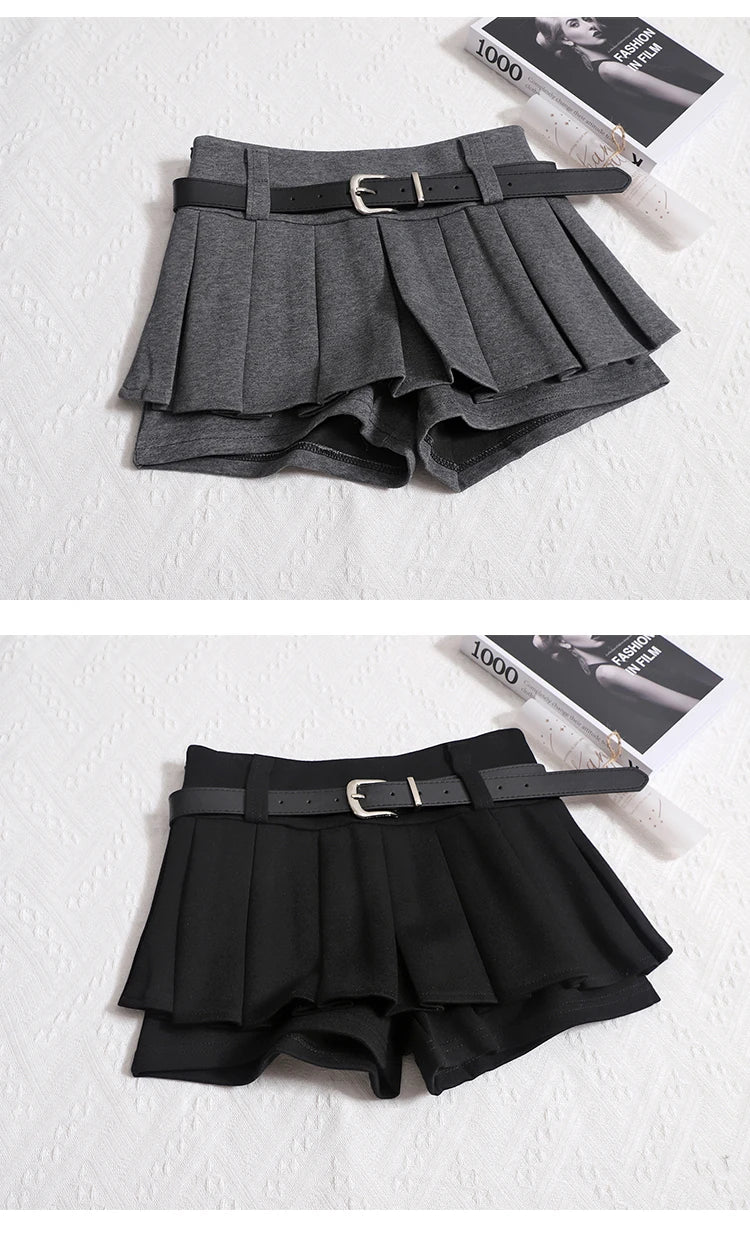 Kimotimo Womens Shorts Autumn Winter Belt High Waist Fluffy Pleated A-line Short Pants Korean Fashion Sexy Y2k All Match Clothes
