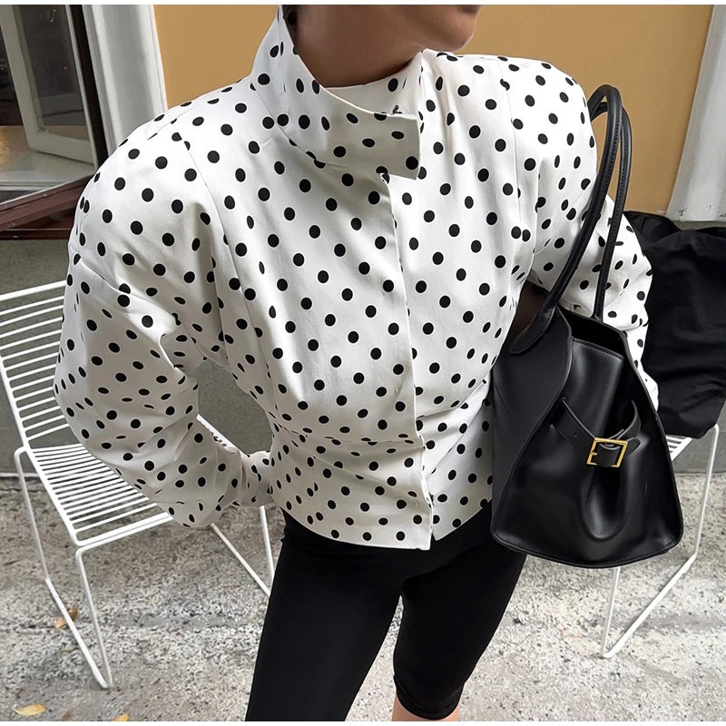 Polka Dot Print Shorts Coats Suits Women Loose High Neck Long Sleeves Zipper Drawstring Sets Female 2025 Autumn New Chic Set