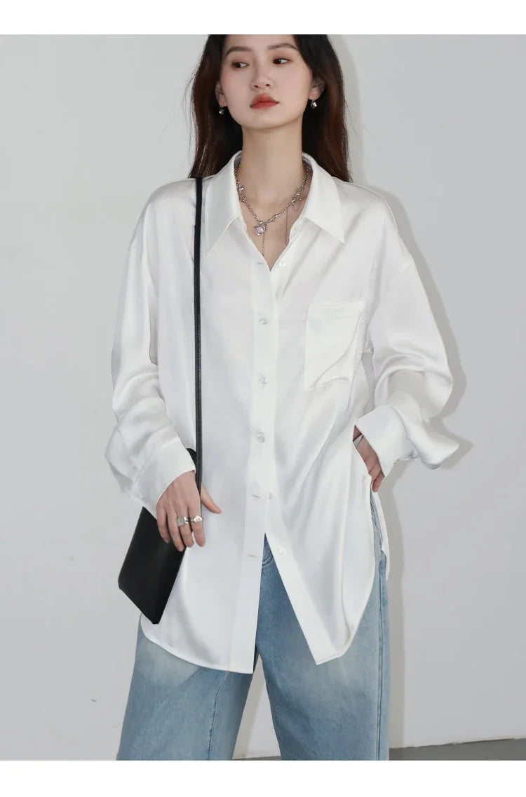 CHIC VEN Korean Women Shirt White Solid Pleated Side Slit Loose Long Sleeved Woman Blouses Female Tops Spring Summer 2025