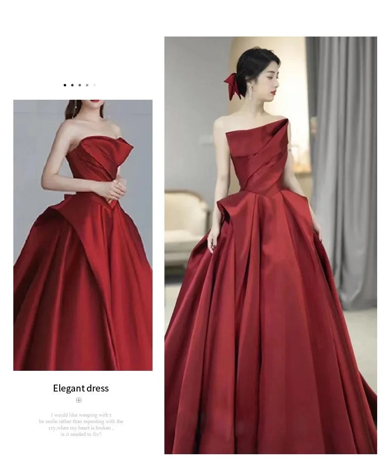 party dresses women evening satin strapless host evening dress female banquet temperament bride toast wine red black prom dress