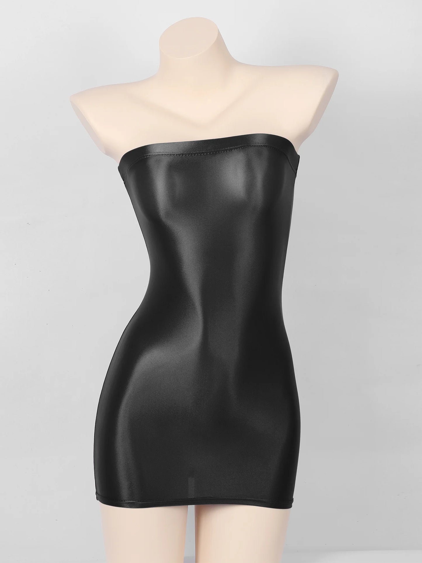 Sexy Women Oil Glossy Sheer Bodycon Dress Females See Through Strapless Pencil Dress Smooth Tight Mini Dress Clubwear