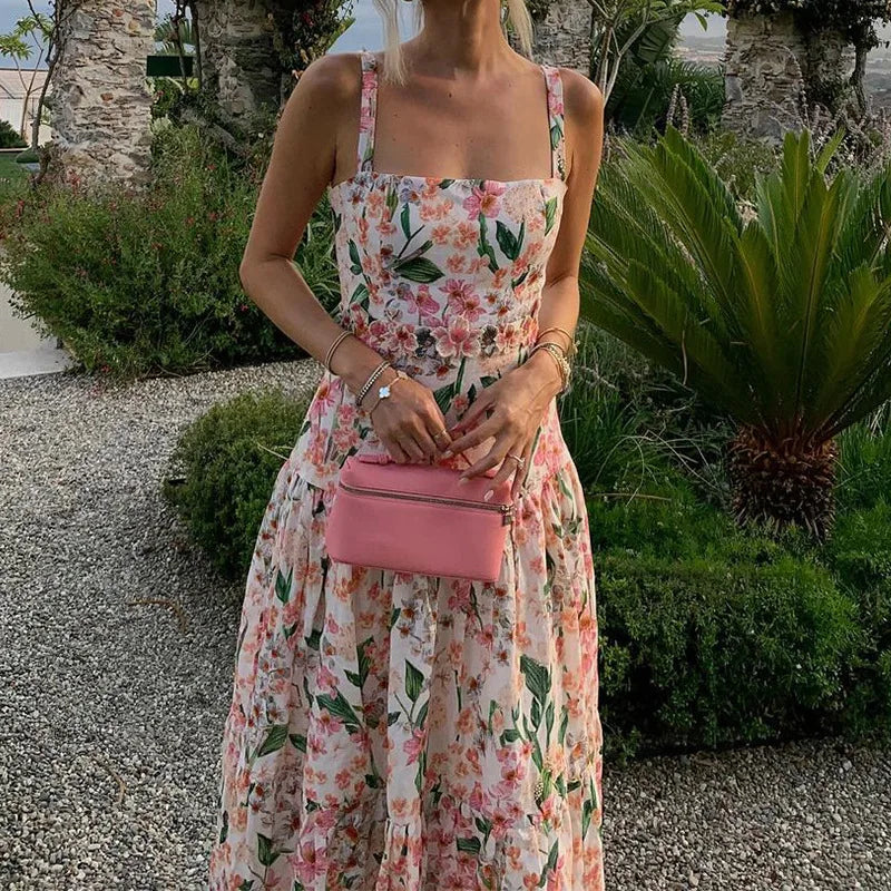 Summer Sexy Off Shoulder Vacation Long Dress Women Elegant Floral Print Hollow Party Dress Fashion Sleeveless Pleated Bohe Dress