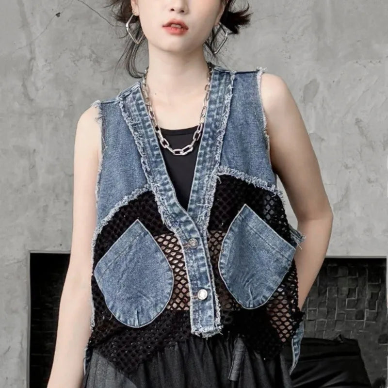 Grid Stitching V-Neck Denim Vest Women's Summer Fried Street Fashion Brand Loose Burrs Short Sleeveless Vests Jackets Female
