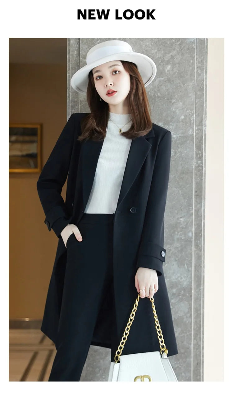 2022 Winter High-end Women's Business Suit Pants Two-piece Set Temperament Slim Solid Color Lady Double Breasted Trench Coat