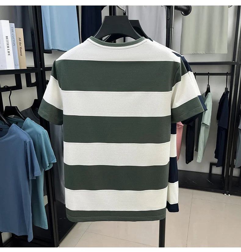 Top Grade Yarn Dyed Striped New Summer Tops Designer Round Neck Tshirt Men 2025 Brand Short Sleeve Casual Fashion Men Clothing