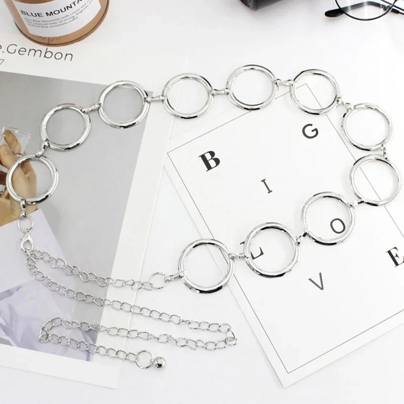 Simple Alloy Large Round Ring Waist Belt Fringes Ring Waist Chain Women Circle Metal Chain Belt Geometric Long Hollow Waistband