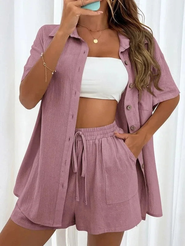 Long Sleeve Single breasted Top Broad legged Shorts Set Fashion Ladies Sexy Solid Suits 2024 Summer 2 Piece Outfits For Women