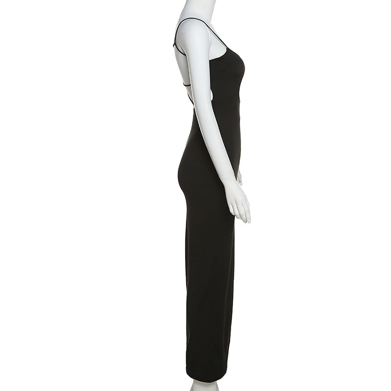 Combhasaki Womens Solid Color Thin Spaghetti Straps Backless Round Cutout Hole Slim Fit Suspender Party Club Slim Fit Long Dress