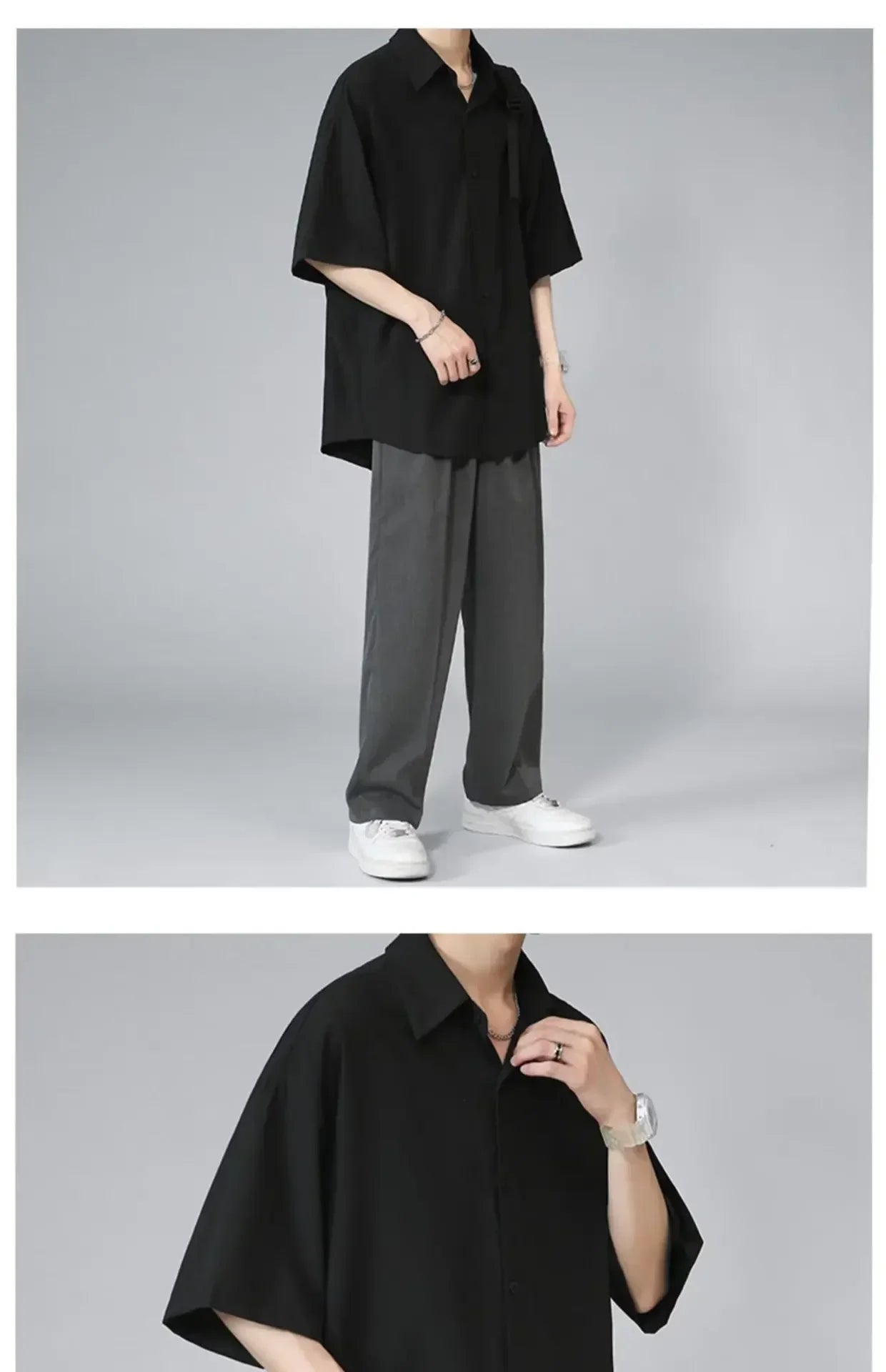 Men's Ice Silk Short Sleeve Shirt Casual Loose Fit Korean Style Trendy Black Shirt For Summer Thin Sleeve Casual