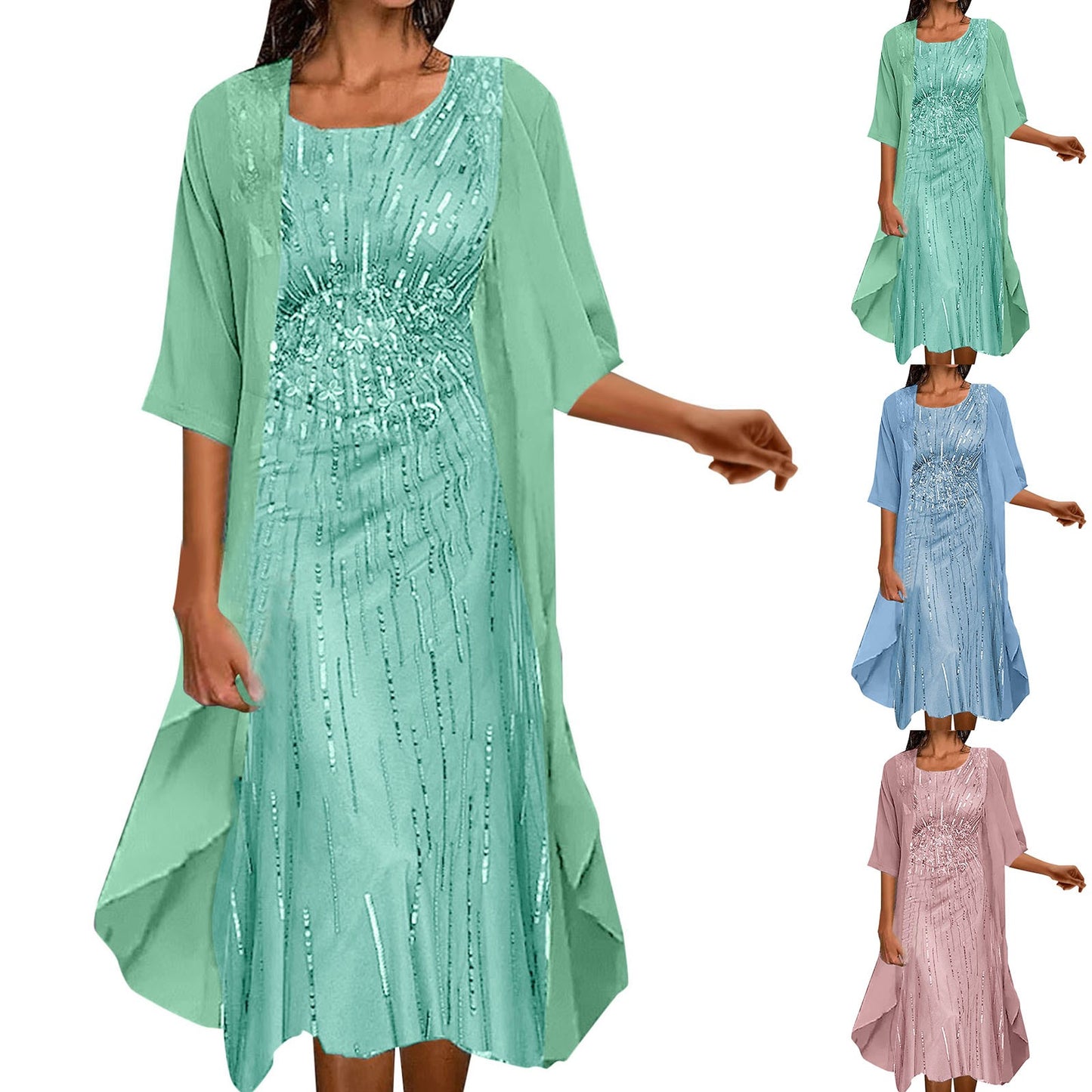 Formal Party Dresses Women Elegant Shiny Sequins Solid Color O-Neck Evening Dress Wedding Dress Two Piece Set Dress Vestidos