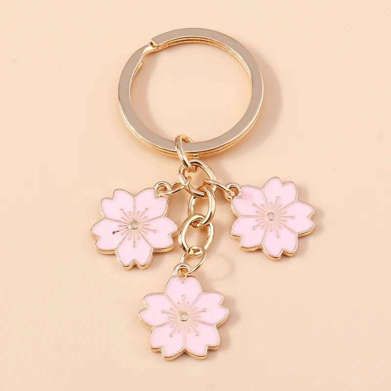 Cute Enamel Keychain Colorful Sakura Flower Key Ring Sweet Key Chains for Women Girls Handbag Accessories DIY Jewelry Gifts