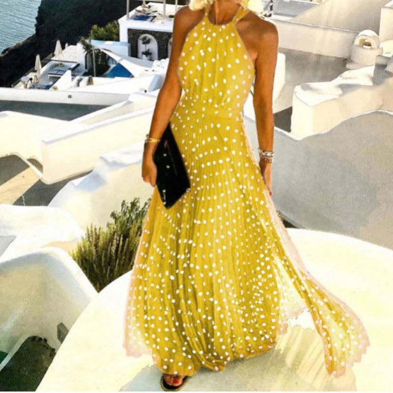 Polka Dot Print Pleated Maxi Dress Women Bohemian Sundress Summer Halter Backless High Waist Loose Party Dresses Long Elegant