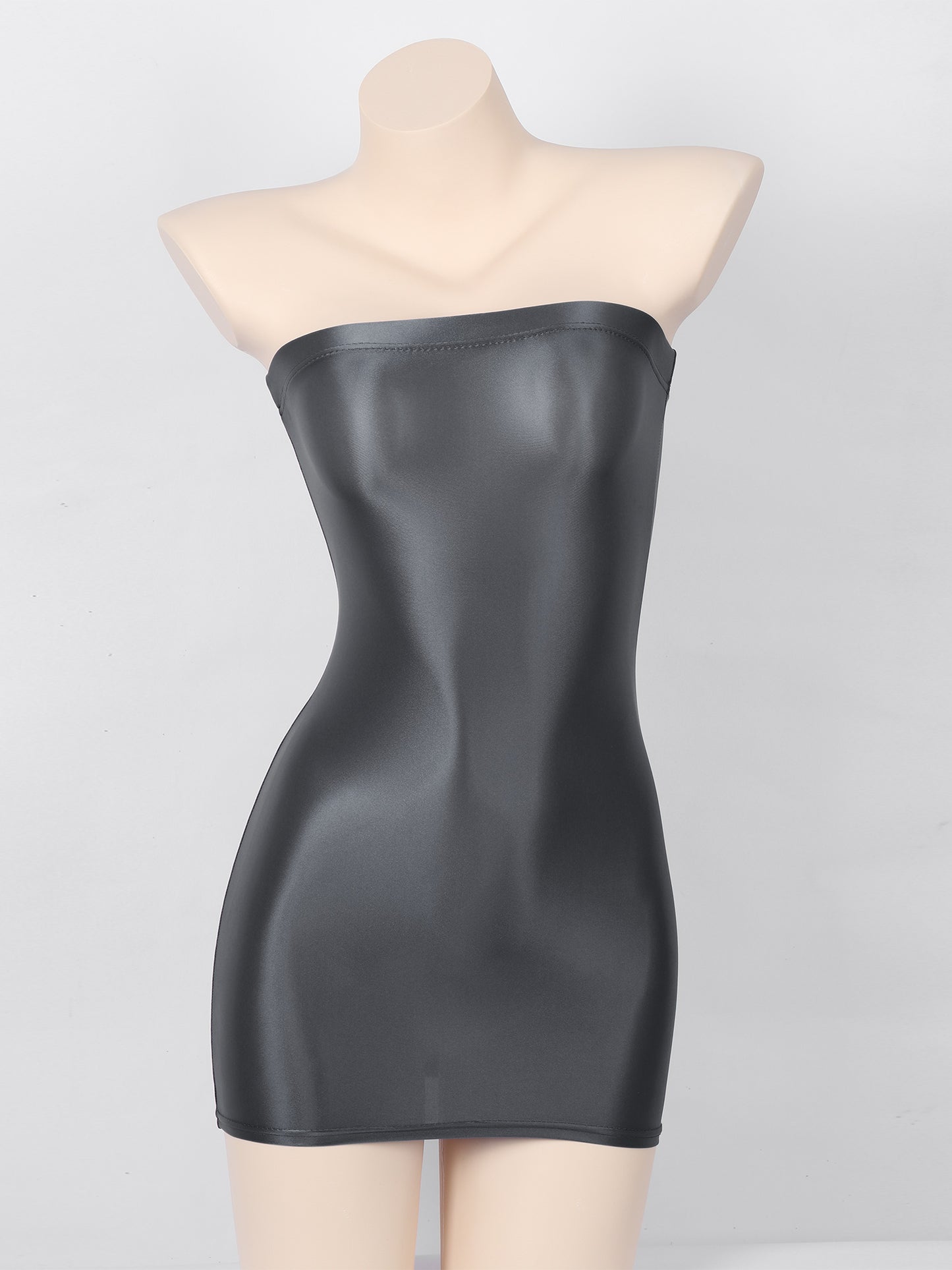 Sexy Women Oil Glossy Sheer Bodycon Dress Females See Through Strapless Pencil Dress Smooth Tight Mini Dress Clubwear