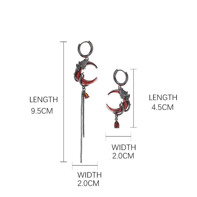 Red Moon Gem Asymmetric Earrings Personality Hip-pop Gothic Dark Ear Pendants Tassel Chain Eardrop Ear Buckle Jewelry Accessory