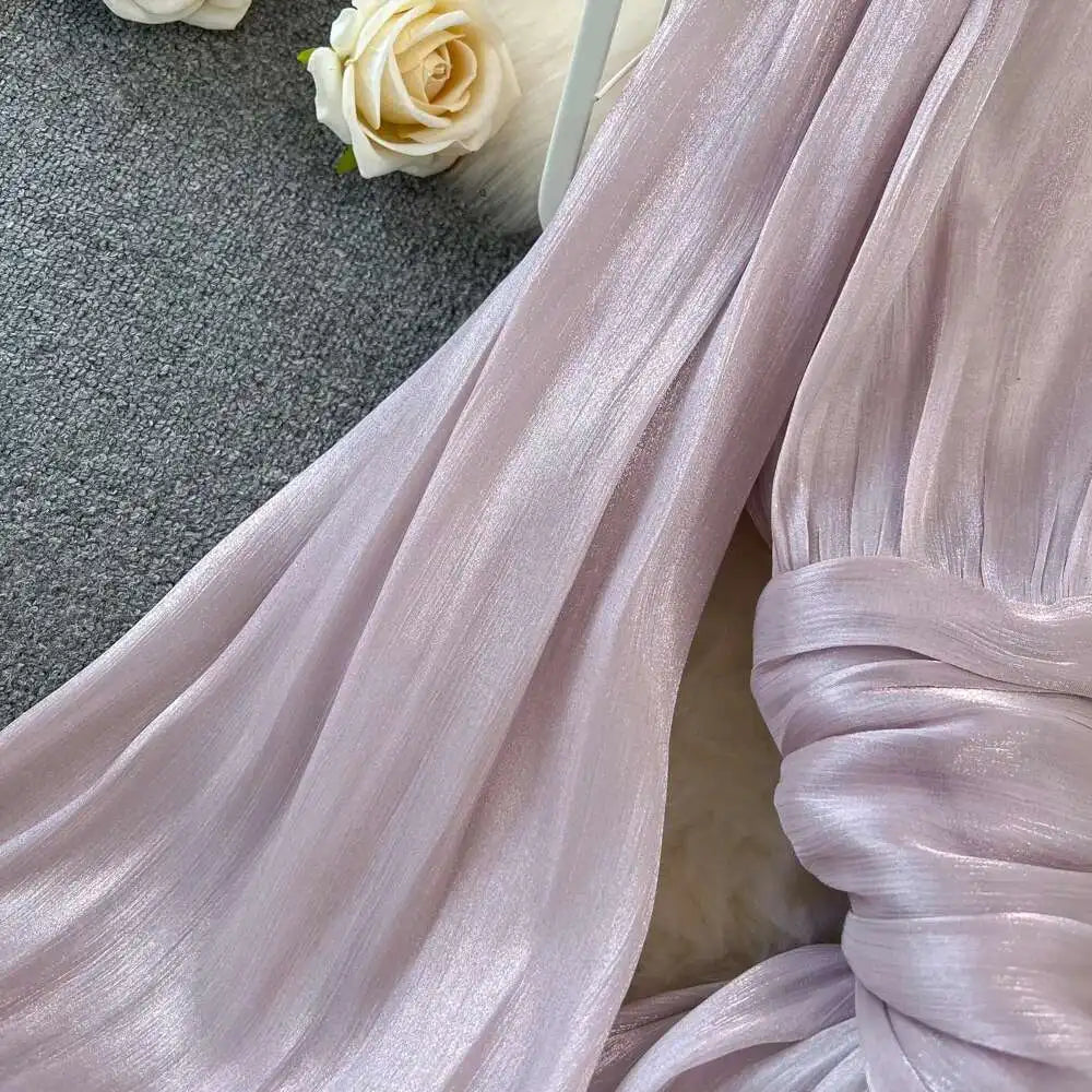 Elegant Long Sleeve Midi Party Dresses Women Summer Autumn Bright Faux Silk Retro Solid Evening Party Vestidos