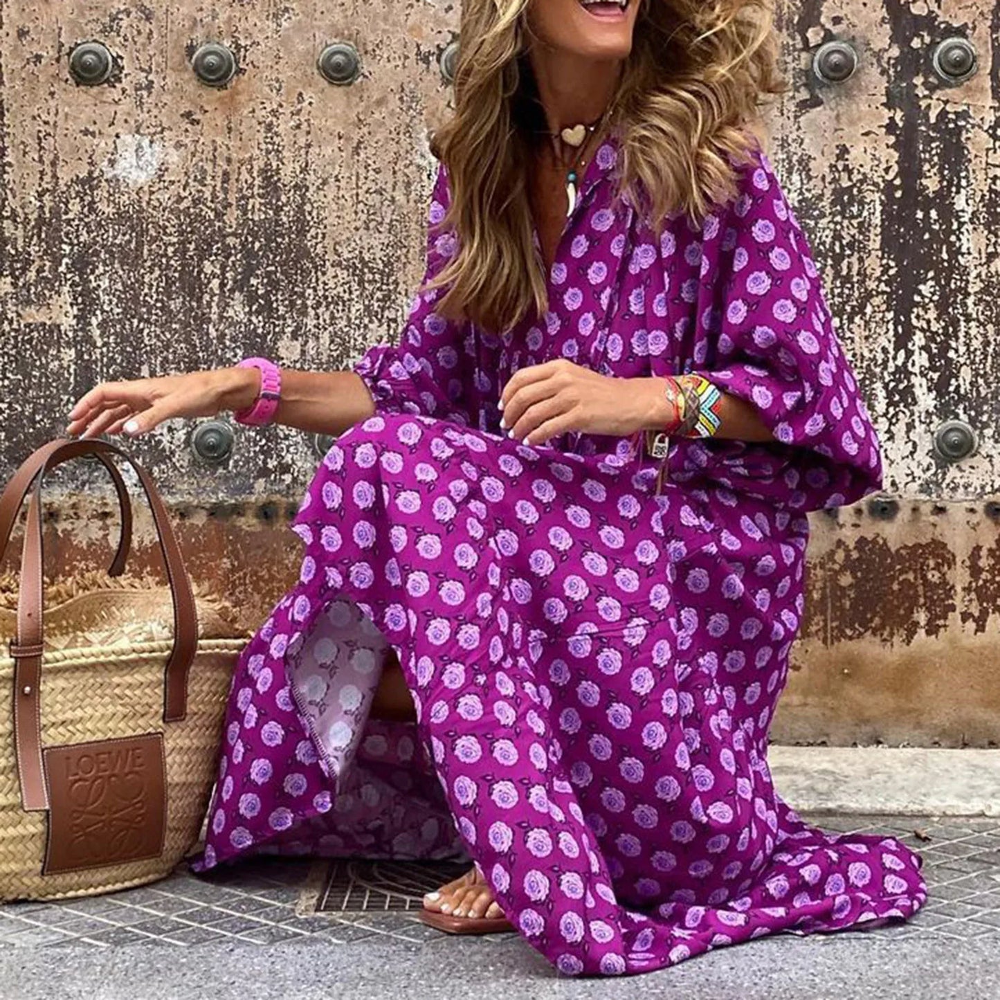 Women's Summer Casual Fashion Geometric Print Neckline Lace-up Bubble Middle-sleeves Ruffle Stitching Big Swing Long Losse Dress