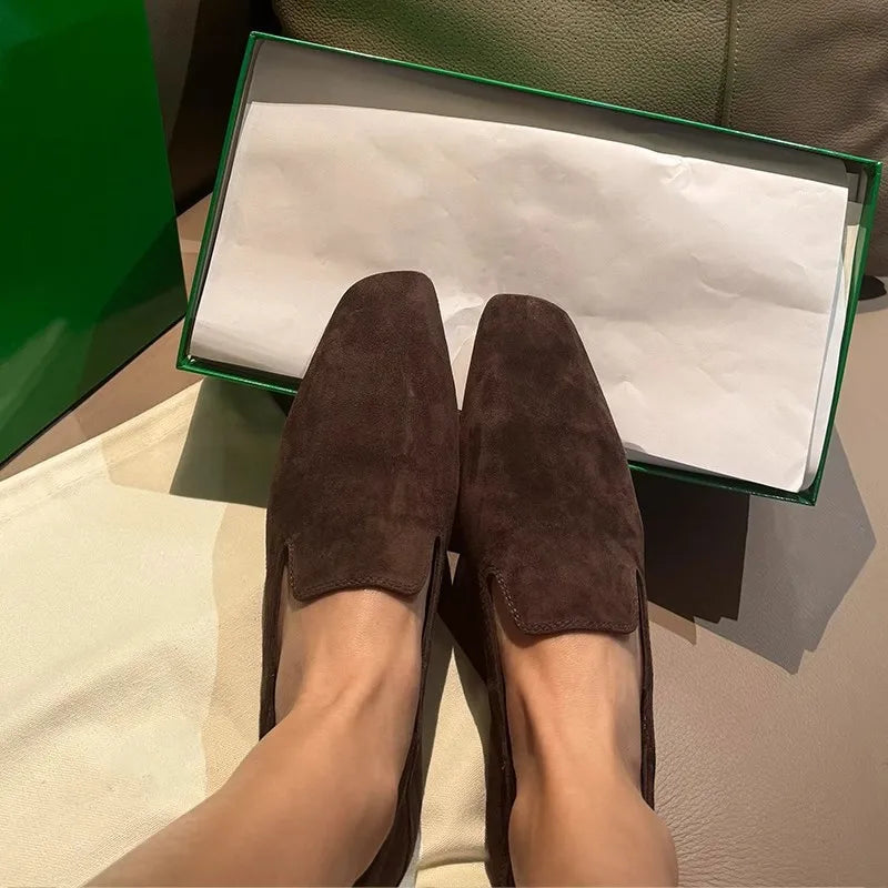 Loafers Woman Genuine leather Comfortable Commuter Work Shoes Fashionable Summer Schoenen Dames Sliders Square Head Flat Shoes