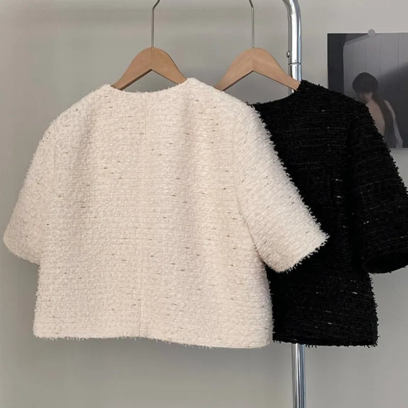 New Luxury Woolen Tweed Jacket Women Runway Short Sleeve French Style Short Coats Outwear Casacos chaqueta mujer Korean Fashion