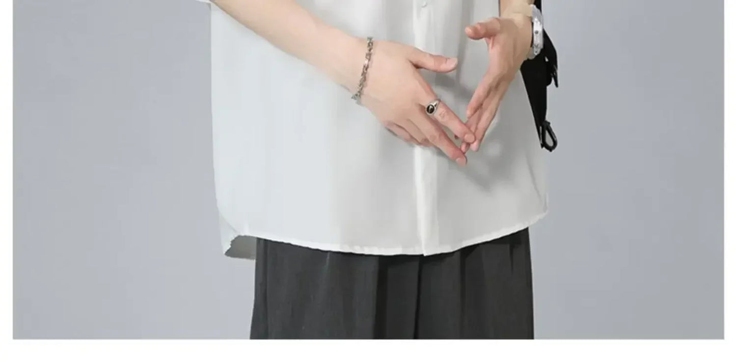 Men's Ice Silk Short Sleeve Shirt Casual Loose Fit Korean Style Trendy Black Shirt For Summer Thin Sleeve Casual