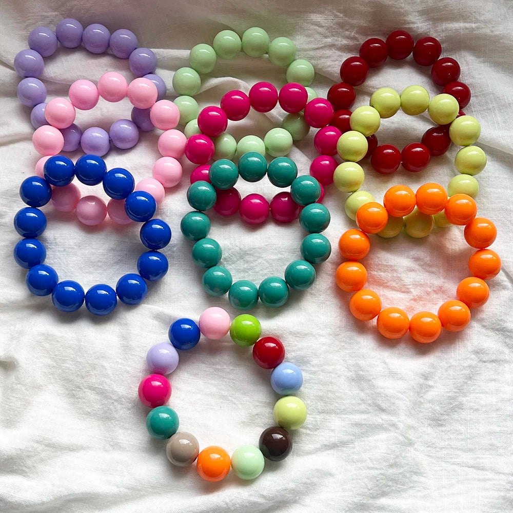 Cute Sweet Colorful Acrylic Big Bead Chunky Bracelet Fluorescent Hand Beaded Simple Bangles Summer Spring Jewelry Accessories