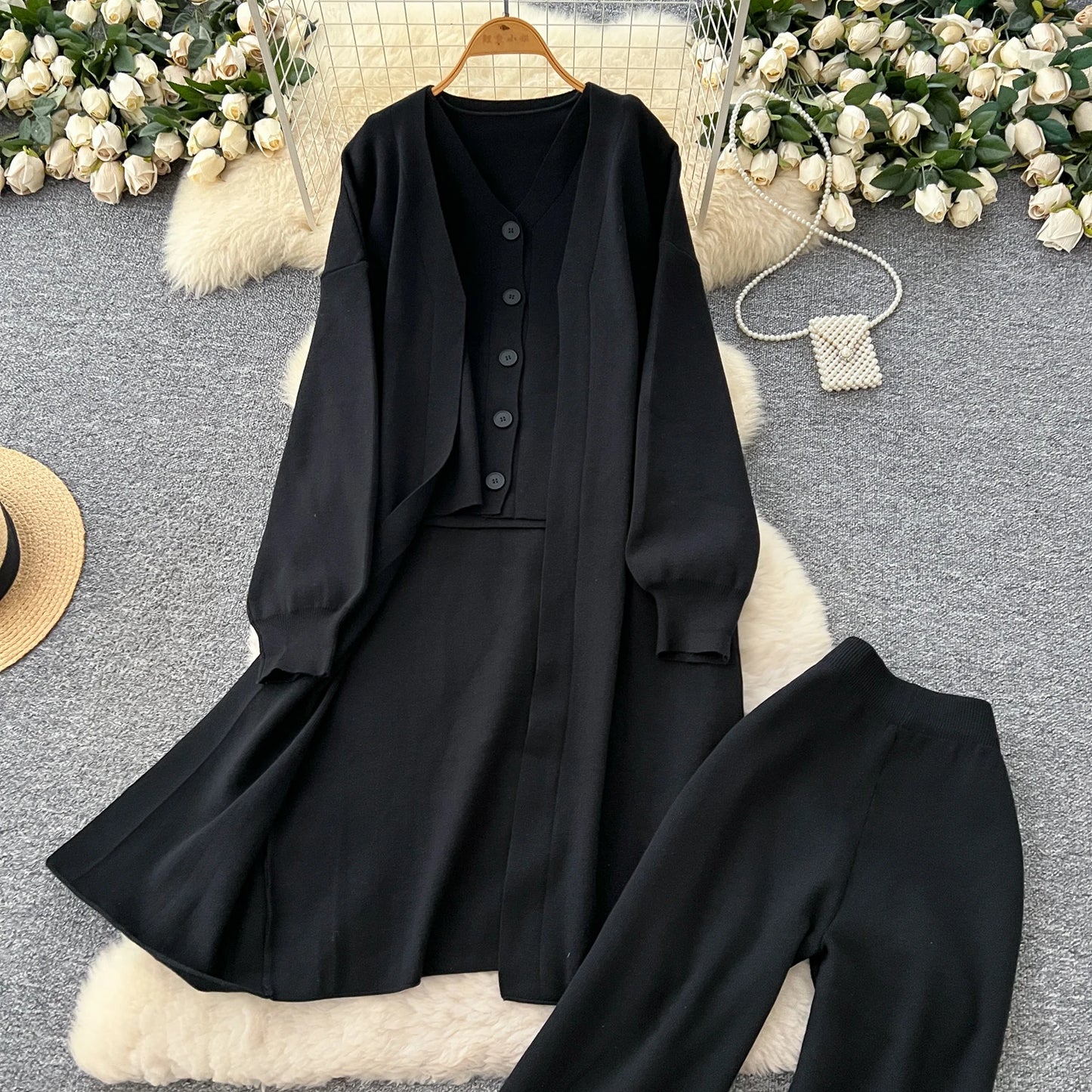 SINGREINY Autumn Knitted Warm Suits V Neck Buttons Vest+Full Sleeve Long Cardigans+Wide Legs Pants Women Solid Three Pieces Sets