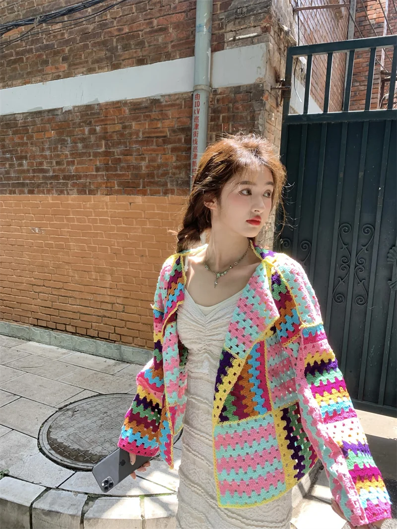 SALIENCY Colorful Crochet Knit Hollow Cardigan Sweater Jacket Women Spring Top Loose Short Knitwear