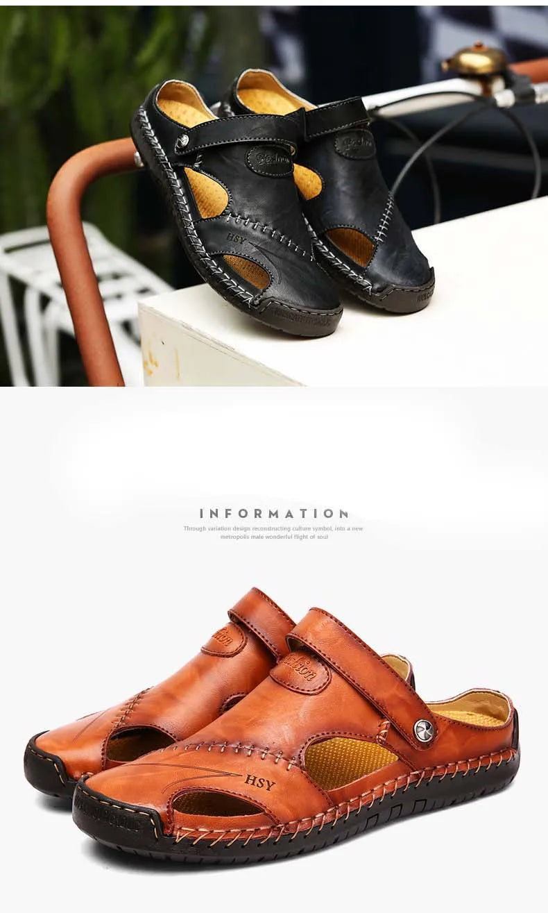 Sandals Man Summer 2023 Leather Slides Breathable Rome Male Outdoor Beach Platform Slippers Soft Hot Sale Men Flat Sandals