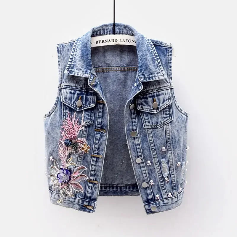 Women Denim Vest Jacket New Autumn Embroidery Beads Sleeveless Vintage Hole Jeans Vest Jacket Overcoat Female Tops Waistcoat