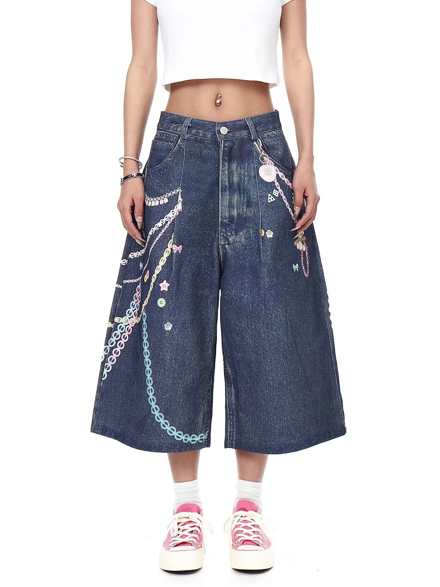 Chain Print Blue Jeans orts Men's Summer Loose Straight Leg Seven-Foot Pants Casual High Waist Corduroy Youth Faion