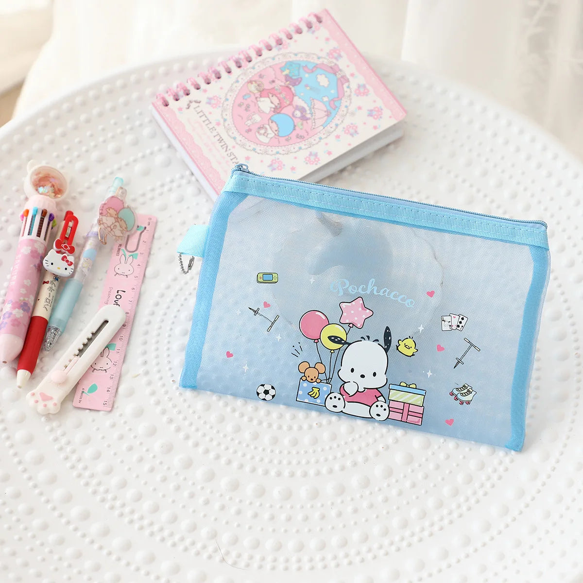 Kawaii Hello Kitty Stationery Bag Cute Cartoon Mesh Storage Bag Transparent Desktop Decoration Student Supplies Gift Wholesale