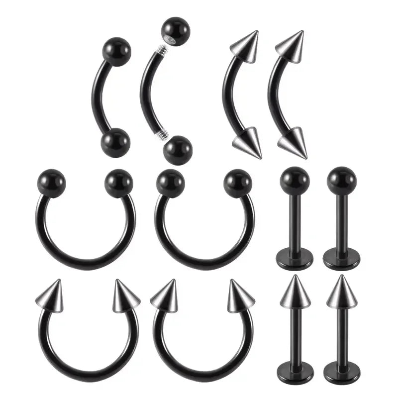 12PC/set Surgical Steel Body Piercing Jewelry Lot Bulk Nose Ring Tongue Bar Lot Eyebrow Labret Piercing Set Horseshoe Ring