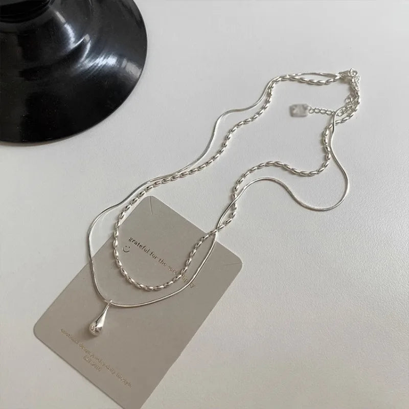 925 Sterling Silver Simple Design Drop Pendant Necklace for Women Double Collar Chain Fashion Fine Jewelry Gifts
