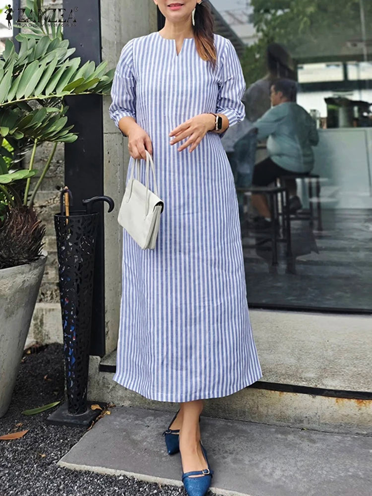 2025 Autumn Striped Dresses ZANZEA Fashion Women V Neck Long Sleeve Work Dress Elegant Office OL Sundress Maxi Long Vestido Robe