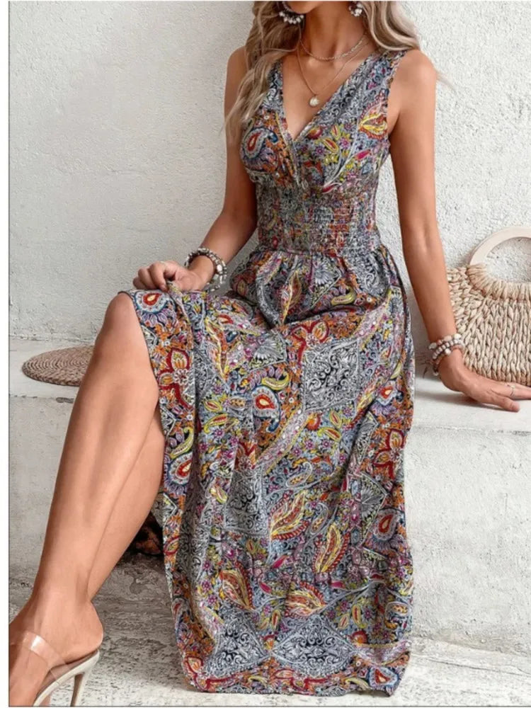New Fashion Elegant High Waisted Sleeveless Boho Dress Summer Women Print V Neck Casual Long Dresses For Women Robe Femme