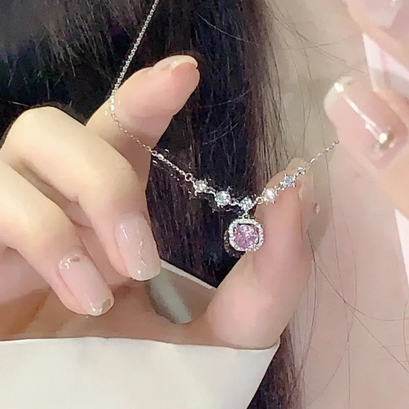 Luxurious Square Pink Zircon Pendant Necklace For Women Fashionable Personalized Daily Accessory Party Jewelry Birthday Gifts