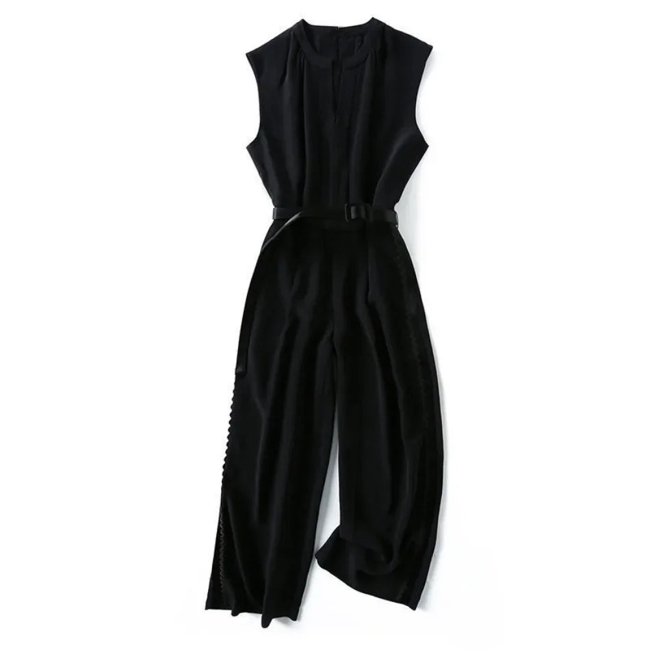 Fashion Casual Wide Leg Pants Rompers Women Bodysuit Sashes Slim Waist V-neck Jump Suit Korean Vintage Suit Summer Jumpsuit