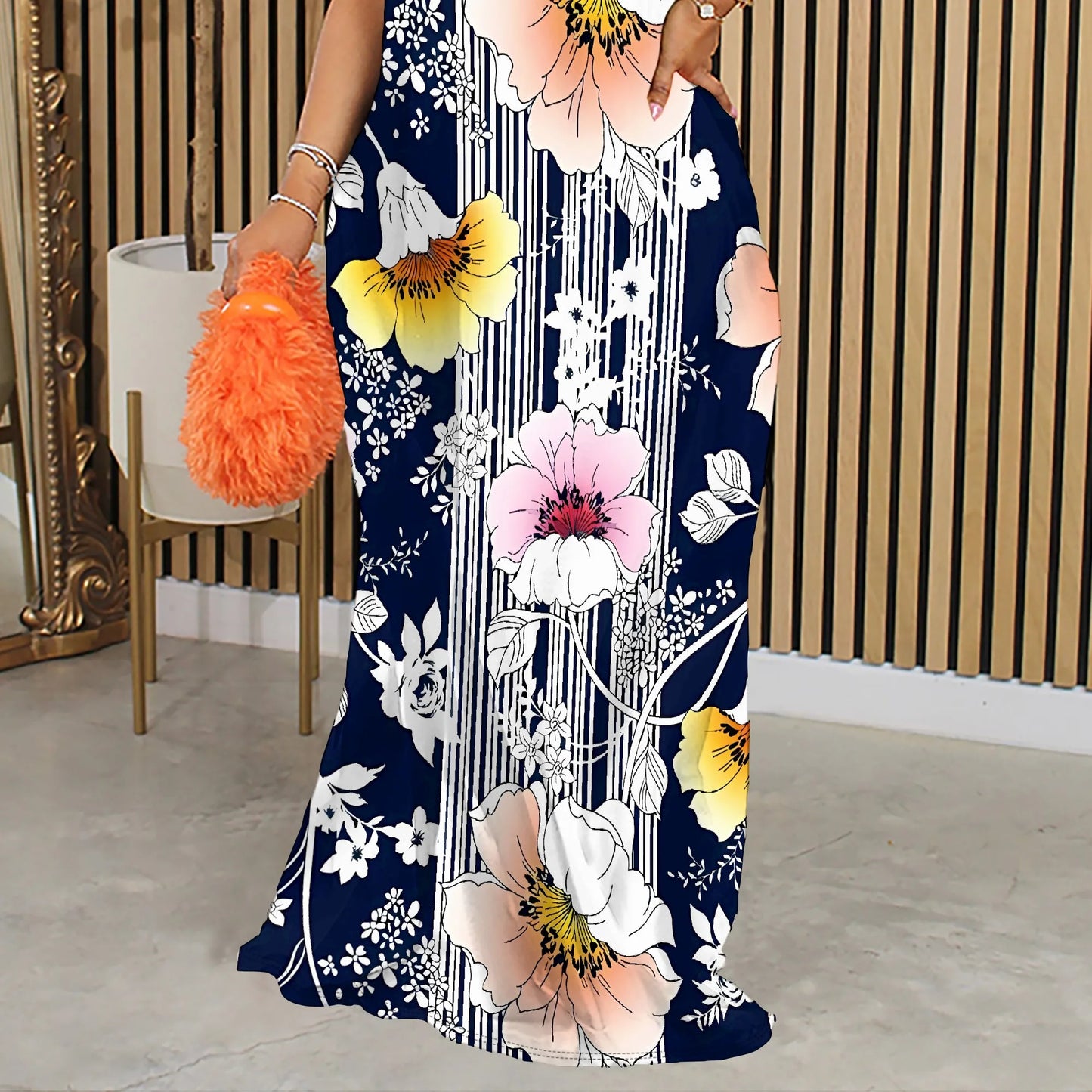 Nupusa Floral & Stripe Print Dress for Women Summer Casual Sleeveless Maxi Dress