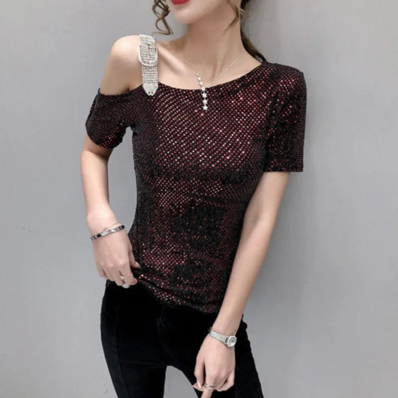 Sequin Off Shoulder Top Female Summer Outfit Clearance 2025 High Quality 90s Vintage Clothes Basic Women's Short Sleeve T-shirt