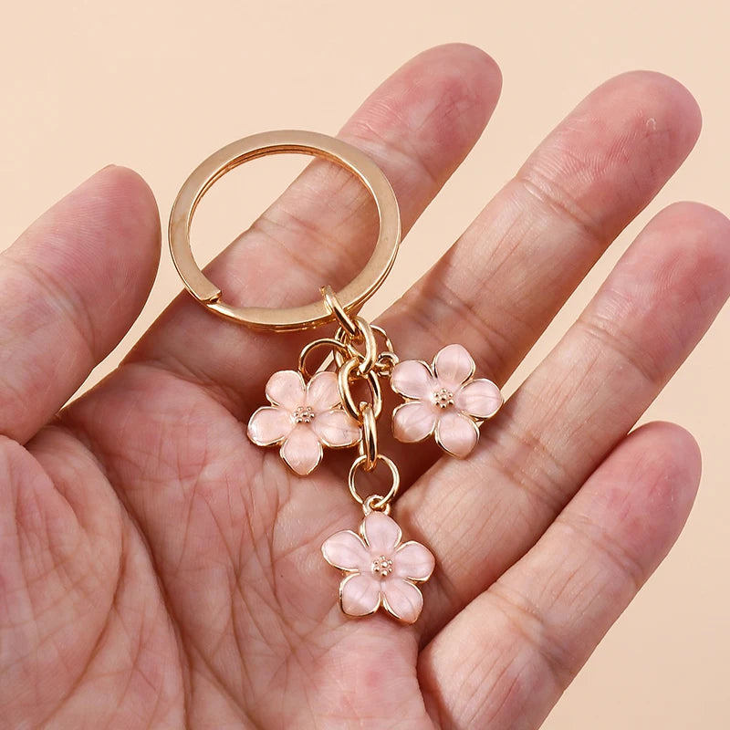 Cute Enamel Keychain Colorful Sakura Flower Key Ring Sweet Key Chains for Women Girls Handbag Accessories DIY Jewelry Gifts