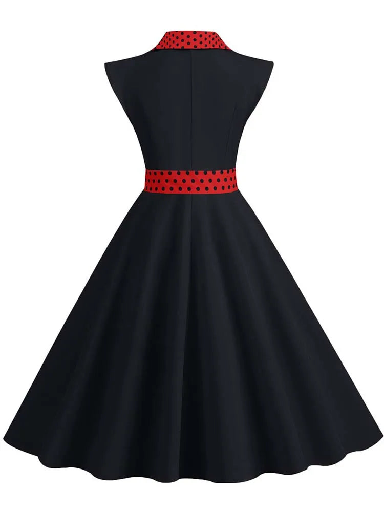 Notched Collar Vintage Solid Party Dresses Women Summer Sleeveless Belted Midi Swing Sundress