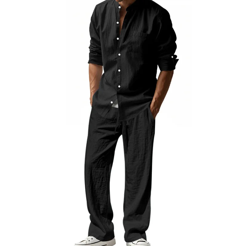 2025 New Spring and Summer Men's Suit Linen Casual Loose Breathable Long Sleeves Shirt Trousers 2Set of Beach Vacation Essential