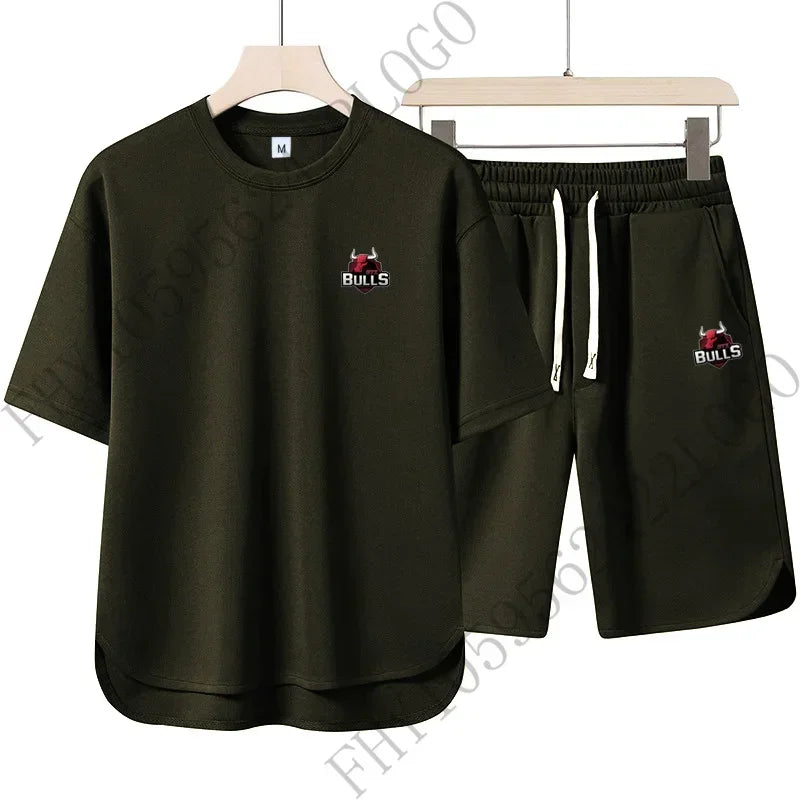 Men's new summer fashion sports suit casual fashion fitness jogging wear round neck T-shirt + breathable disconnect 2-piece set
