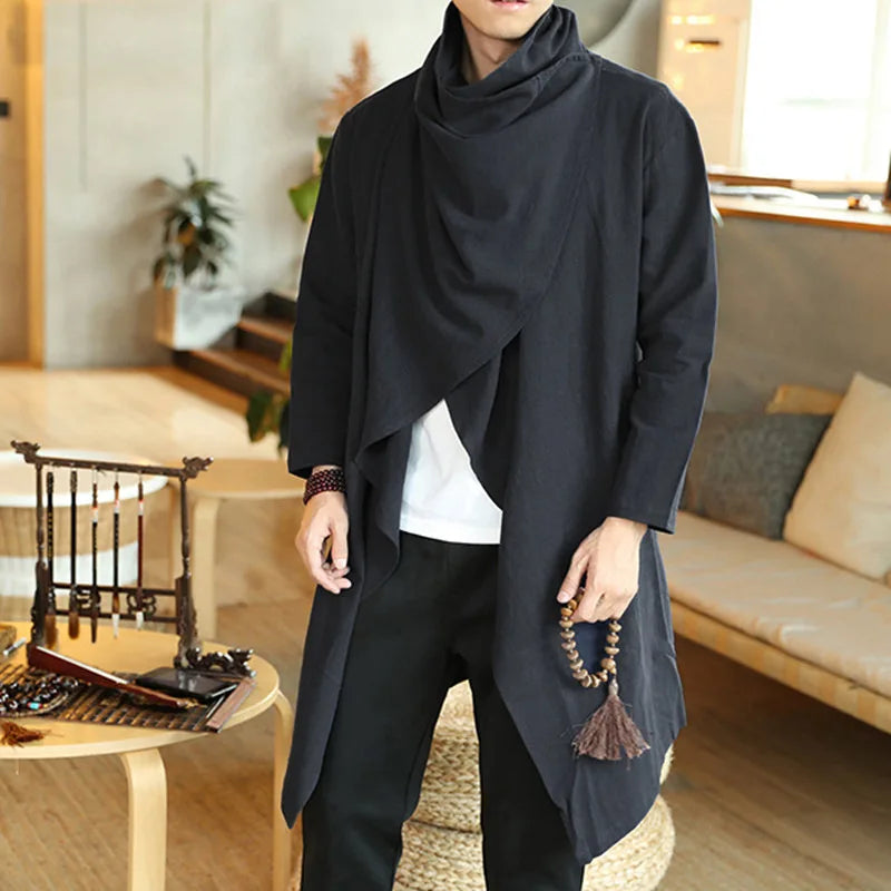 Men's Cotton Linen Cloak Long Irregular Cape Autumn New Long Sleeve Coat