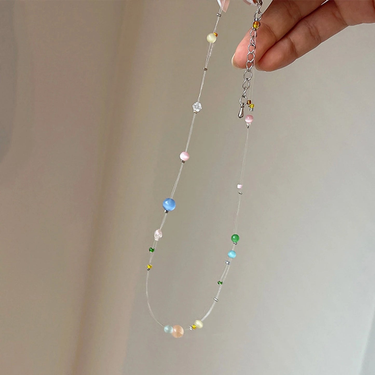 Korean Trendy Invisible Fish Line Beaded Necklace For Women Girls Necklaces 2025 Sweet Cute Clavicle Chains Charm Choker Jewelry