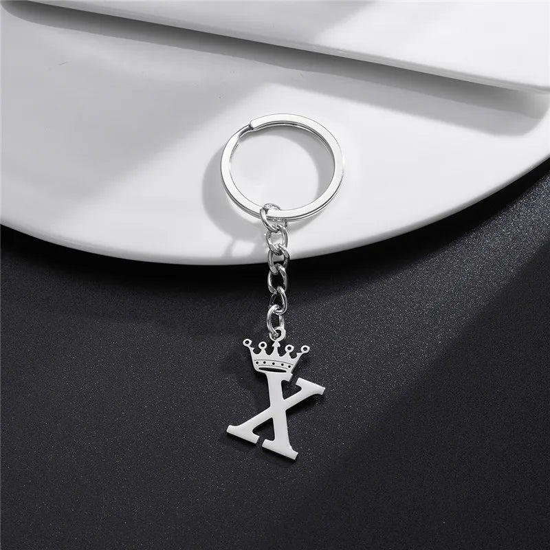 Fashion Crown A-Z Letters Pendant Keychains for Lovers Silver Color 26 Alphabet Keyring Women Car Key Ring Unique Name Jewelry