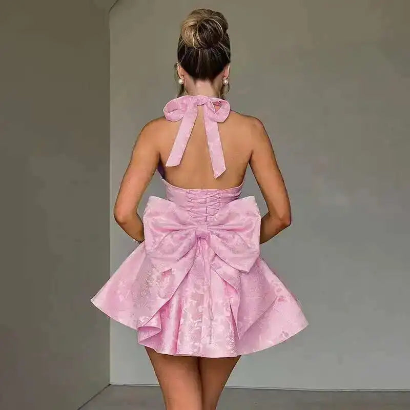 Giyu Club Evening Party Dresses Women 2025 Summer Sexy Bow Halter Long Dress Elegant Jacquard Lace Up Backless Birthday Robe